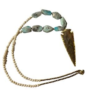 BPD Necklace, Arrowhead, White, Black and Turquoise Stones, Tan and Gold Beads